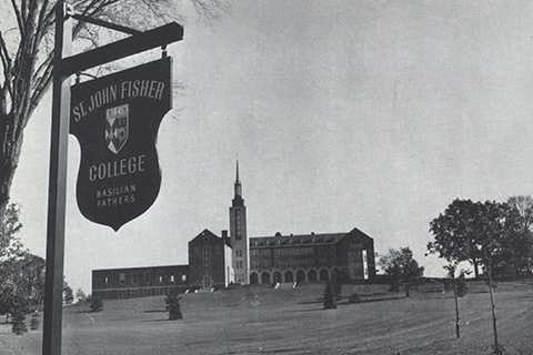 Landscape of Kearney Hall at St. John Fisher University.