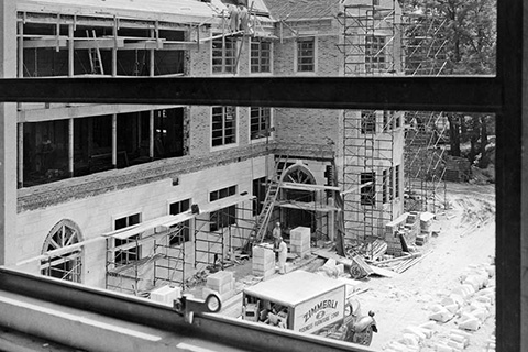 Close-up of construction of Kearney Hall, St. John Fisher University's original building.