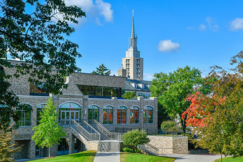 Lavery Library building 2020 with bright blue sky as backdrop.