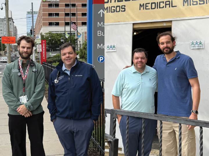 A collage of two photos, one with two doctors outside a hospital and the other with two men outside a rural clinic