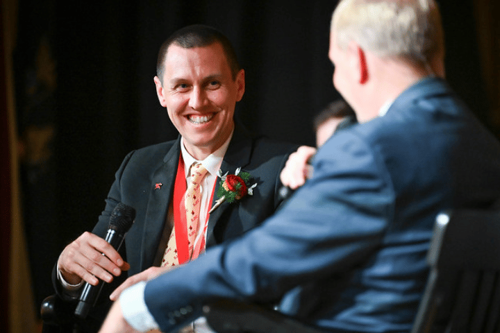 Alumnus Thad Wier being interviewed at the Athletic Hall of Fame