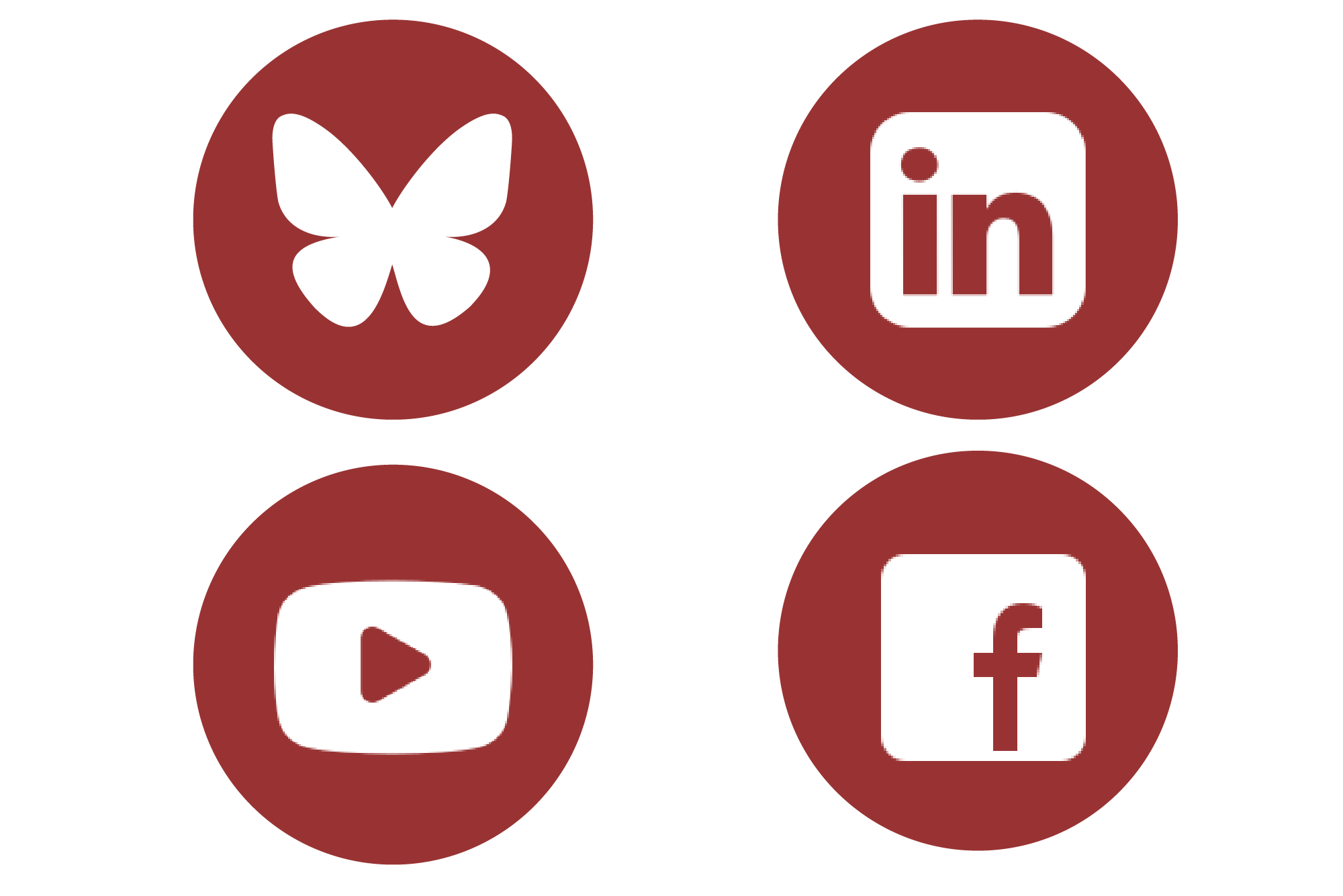 Four logos for socials in red circles. Bluesky, LinkedIn, YouTube, and Facebook