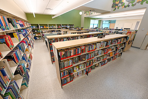 Rows of books at Lavery LIbrary.