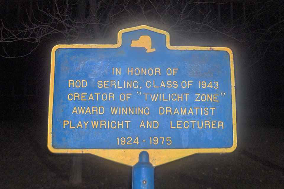 A memorial sign reading: In honor of Rod Serling, Class of 1943 Creator of Twilight Zone, Award Winning Dramatist, Playwright, and Lecturer 1924-1975.