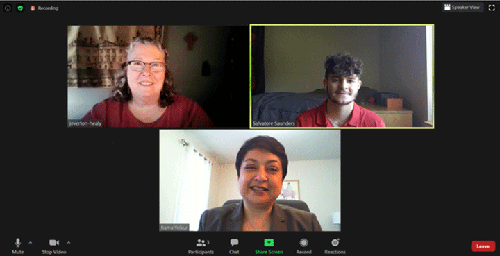 Dr. Julia Overton-Healy (top left) talks with student Sal Saunders (top right) and Dr. Rama Yelkur (bottom center).