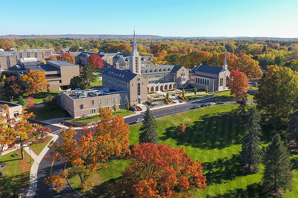 An aerial photo of campus in the fall.