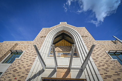 An archway over the entrance of Lavery Library.