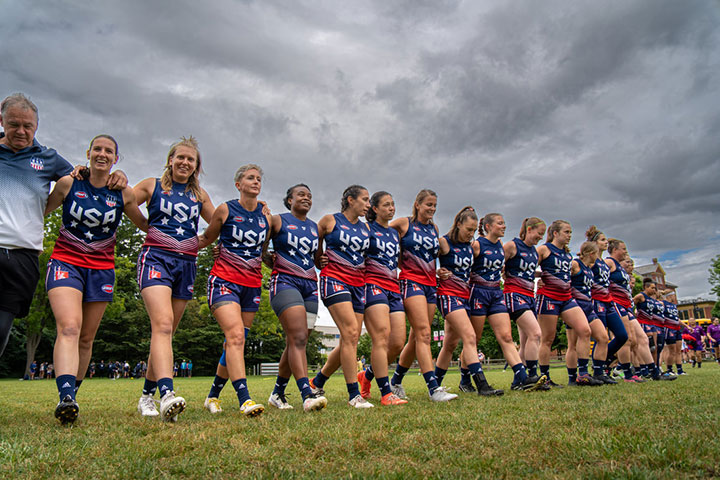 Fisher alumnus Rita Hill (fifth from the left) with her USA teammates.