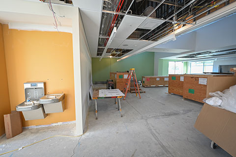 Interior walls with bright paint give a preview of the open, airy feel to Lavery Library.