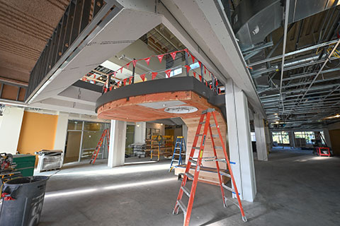 The interior stairwell offers an architecturally interesting space in Lavery Library.