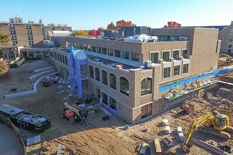 An aerial view of the construction site at Lavery Library.