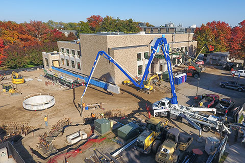 An aerial view of the construction site at Lavery Library.