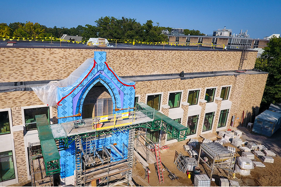 An aerial view of the construction site at Lavery Library.