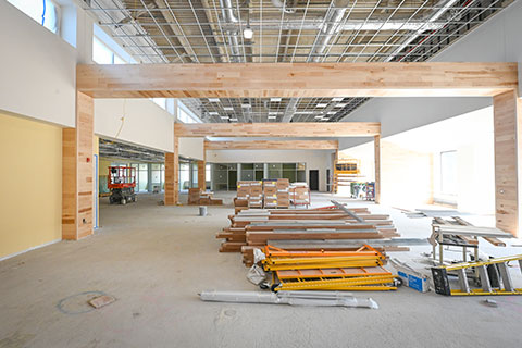 The renovation at Lavery Library includes light wood and large windows, creating an open, airy feel.