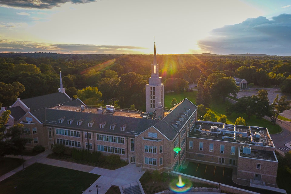 An aerial view of St. John Fisher University in the summer.