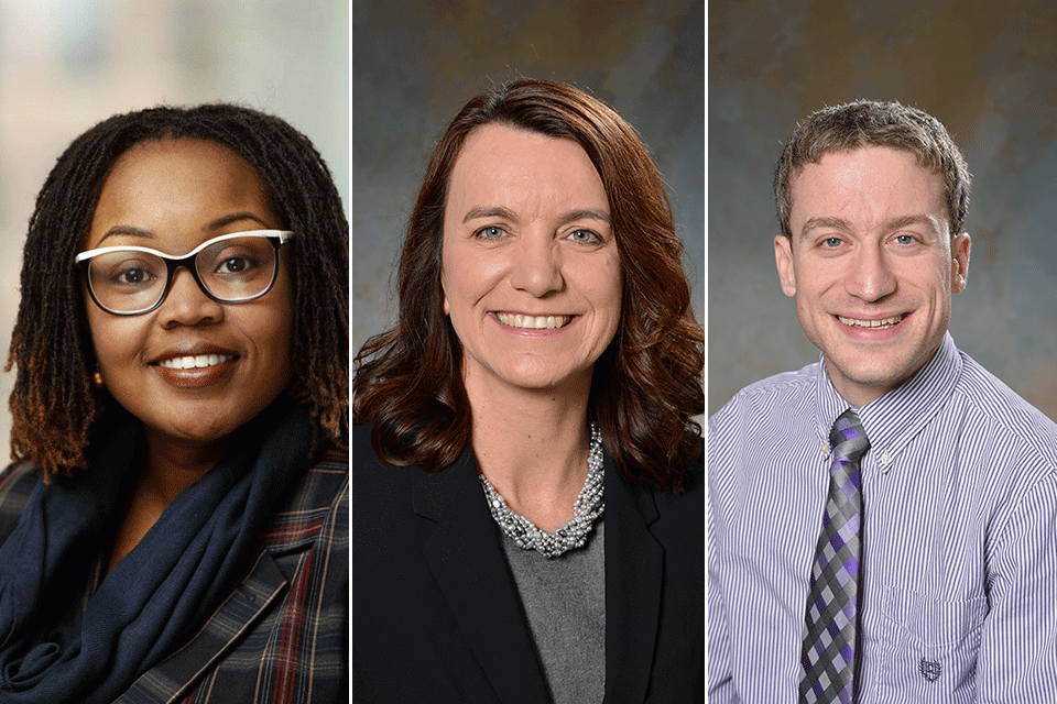 Dr. Yvette Conyers, assistant professor in the Wegmans School of Nursing and president of the Rochester Black Nurses Association; Dr. Christine Birnie, dean of the Wegmans School of Pharmacy; and Dr. Alex DeLucenay, associate professor in the Wegmans School of Pharmacy and president of the Pharmacy Society of Rochester.