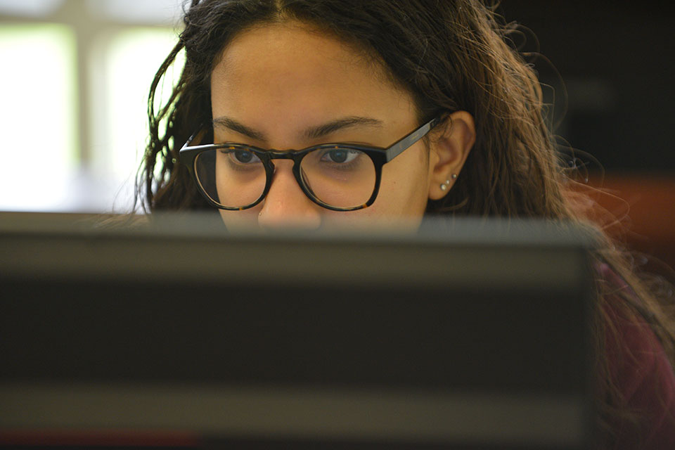 A student at a computer.