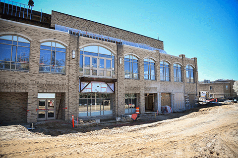 Crews work on the exterior of Lavery Library.