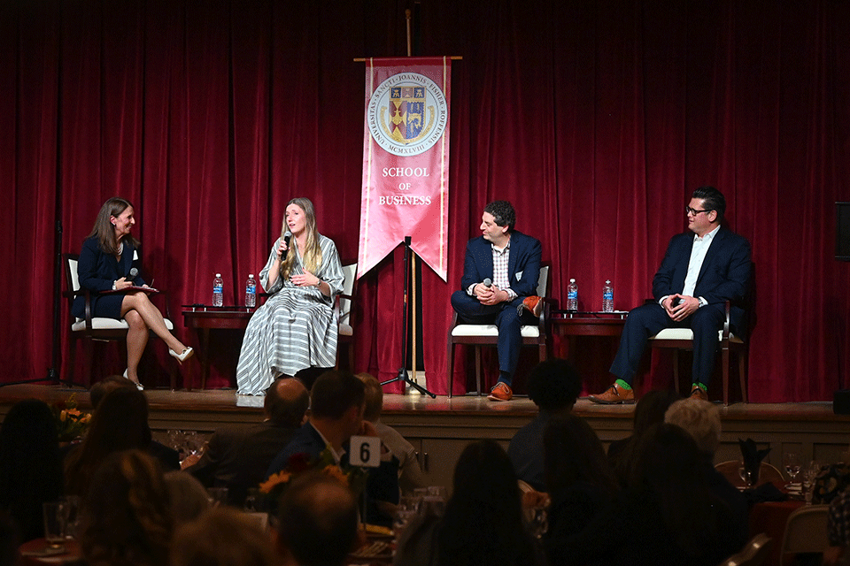 Dr. Carol Wittmeyer interviews the panelists during the Successful Successions event.