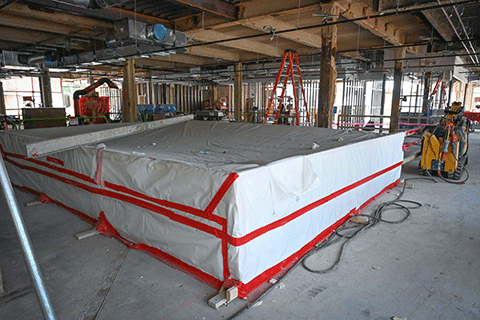 Construction continues in the interior of Lavery Library.