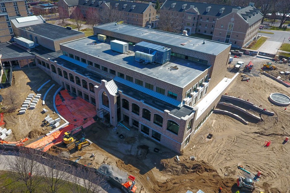 An aerial view of the construction site at Lavery Library.