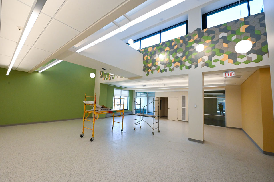 Bright walls create a welcoming space inside Lavery Library.