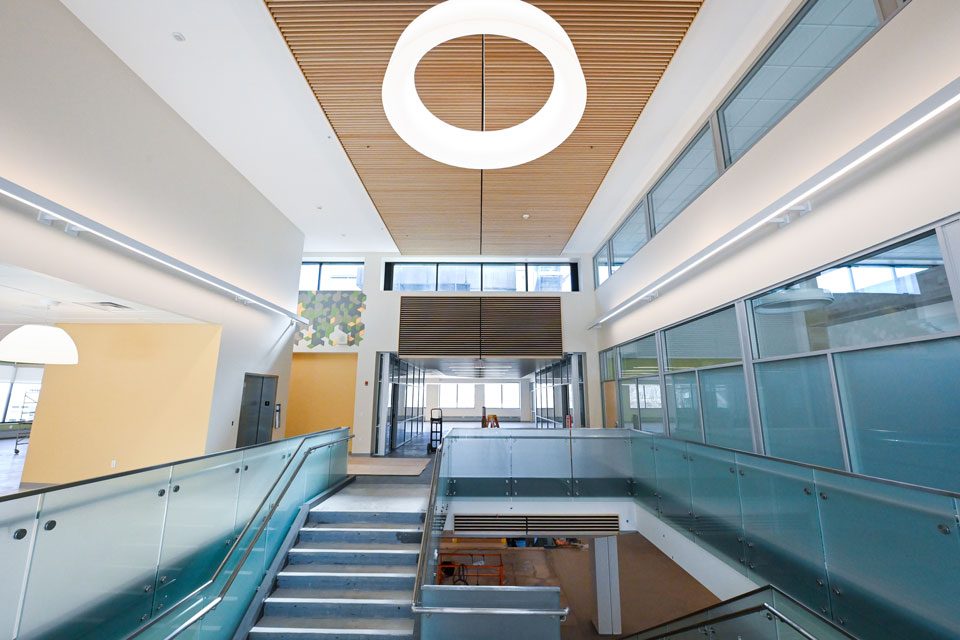 The staircase to the second floor of Lavery Library.