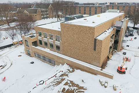 An aerial view of the construction site at Lavery Library.