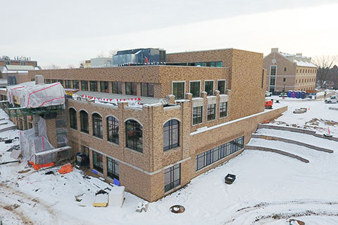 An aerial view of the construction site at Lavery Library.