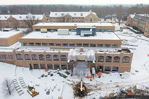 An aerial view of the construction site at Lavery Library.