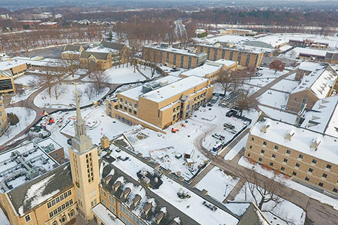 An aerial view of the construction site at Lavery Library.