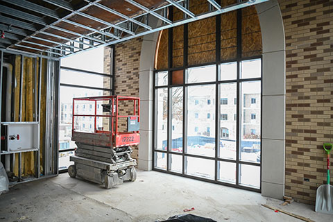 Interior construction progress at Lavery Library.