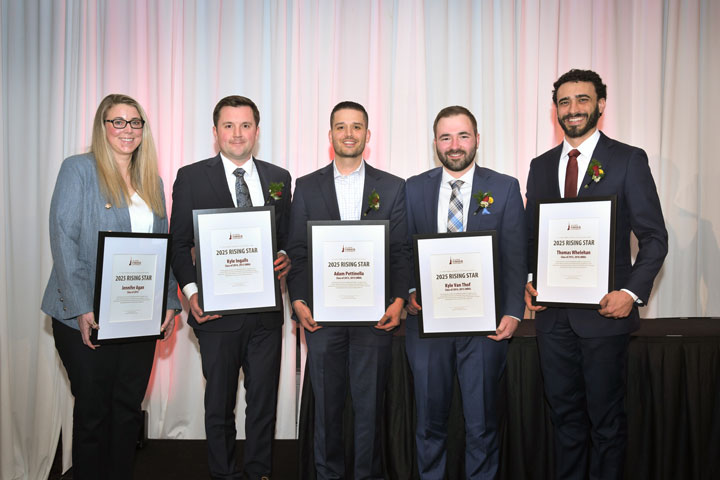 The 2025 Rising Star recipients included Jennifer Agan ’14, ’15 (MBA), Kyle Ingalls ’14, ’15 (MBA), Adam P. Pettinella ’13, ’14 (MBA), Kyle Van Thof ’14, ’15 (MBA), and Thomas David Whelehan ’15, ’16 (MBA).