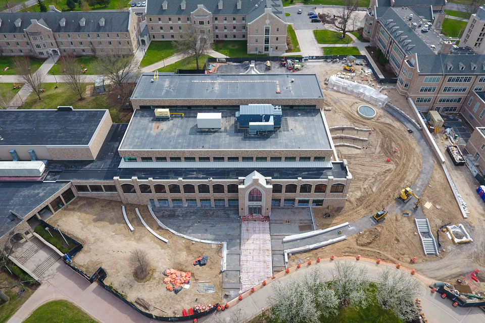 An aerial view of the construction site at Lavery Library.