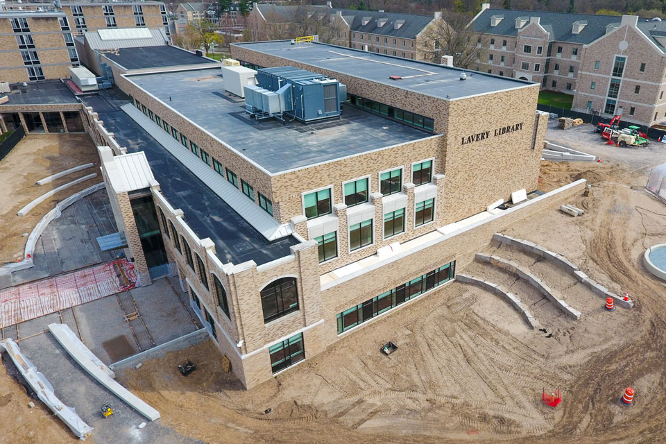 An aerial view of the construction site at Lavery Library.