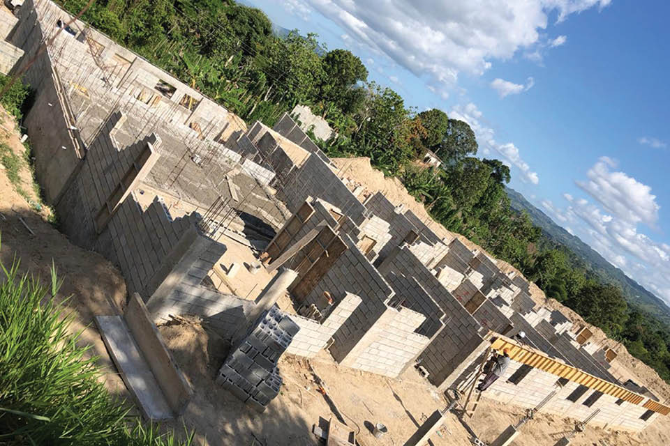 Aerial view of a school construction site in rural Jamaica