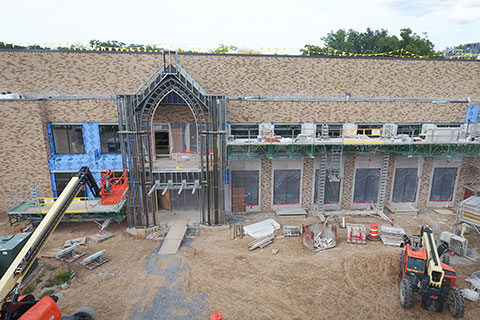 A new entrance facing the Upper Quad takes shape at Lavery Library.