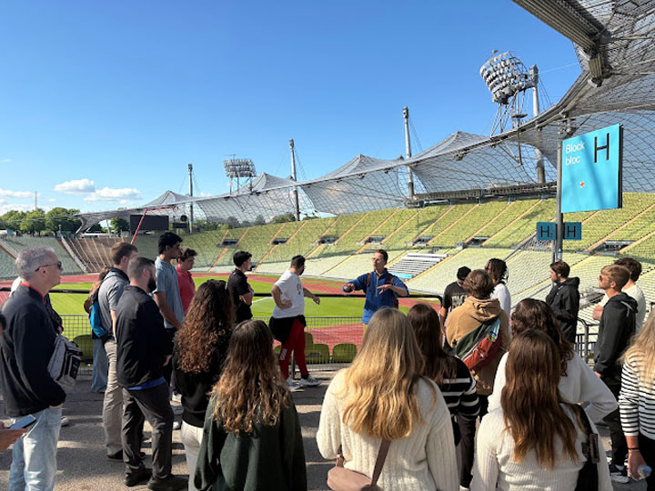 Sport management students tour a soccer stadium in Berlin.