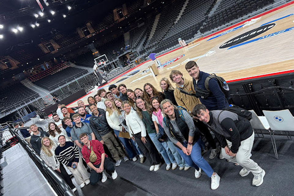 Sport management students tour an arena in Berlin.