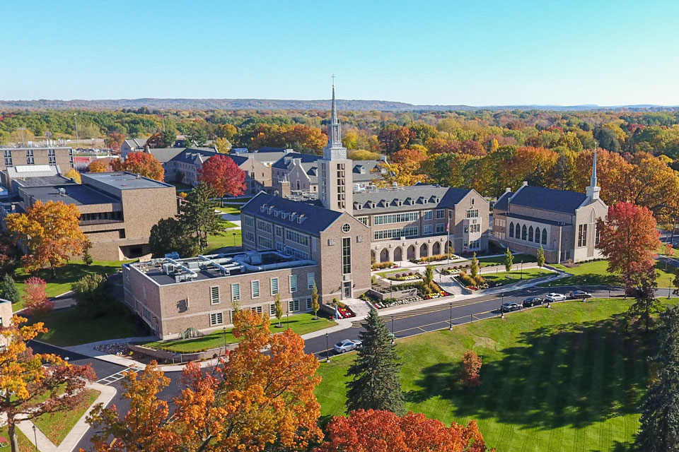 An aerial view of St. John Fisher University in the fall.