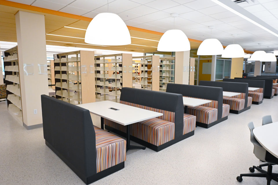 New tables and chairs outfit the second floor of Lavery Library.