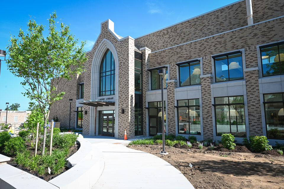 An exterior view of Lavery Library from Upper Quad.