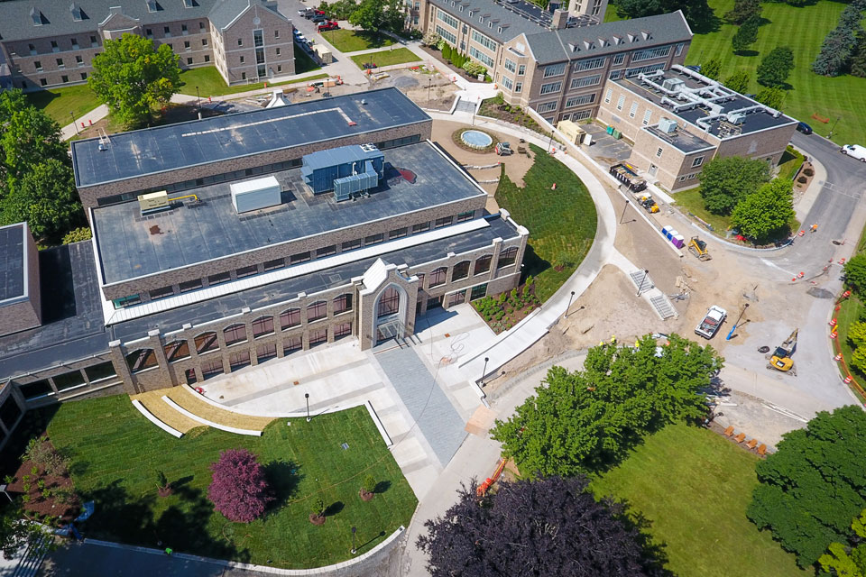 An aerial view of the construction site at Lavery Library.