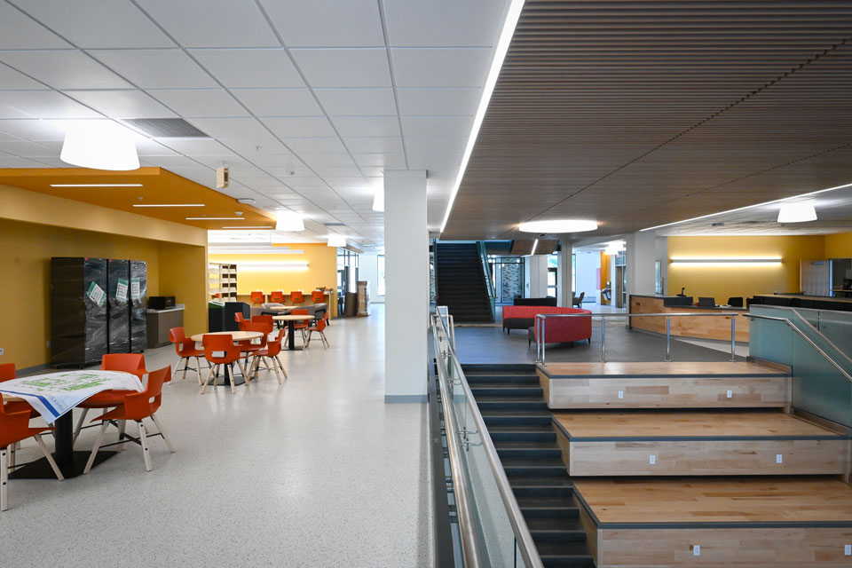 The second floor of Lavery Library includes chairs, book collections, and study spaces.