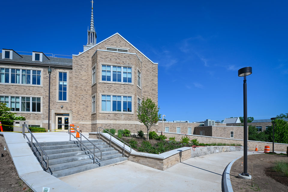 An exterior view of Lavery Library from LeChase Commons.