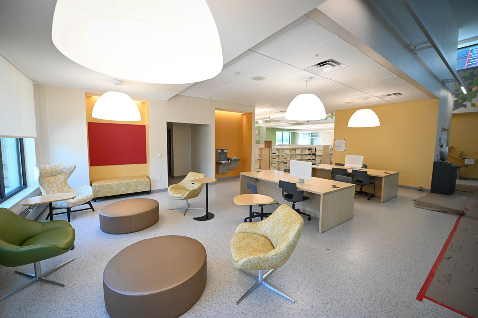 Lavery Library is now outfitted with comfortable chairs and tables for small social gatherings.