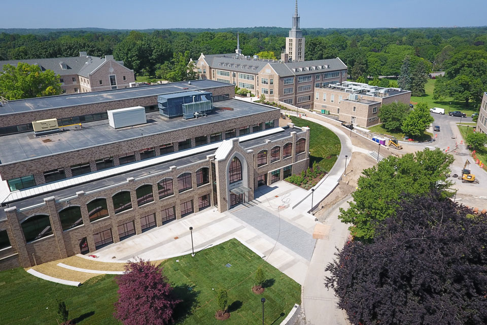 An aerial view of the construction site at Lavery Library.