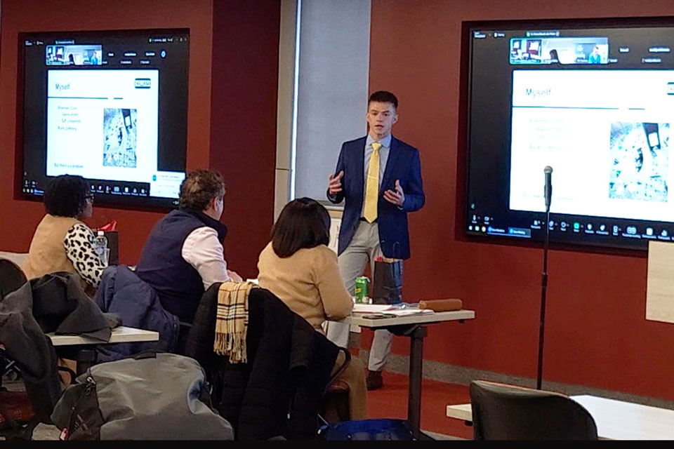 A student presents their business plan during Entrepreneurship Week.