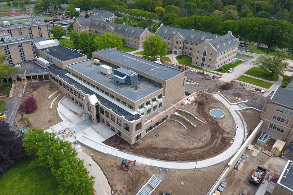 An aerial view of the construction site at Lavery Library.