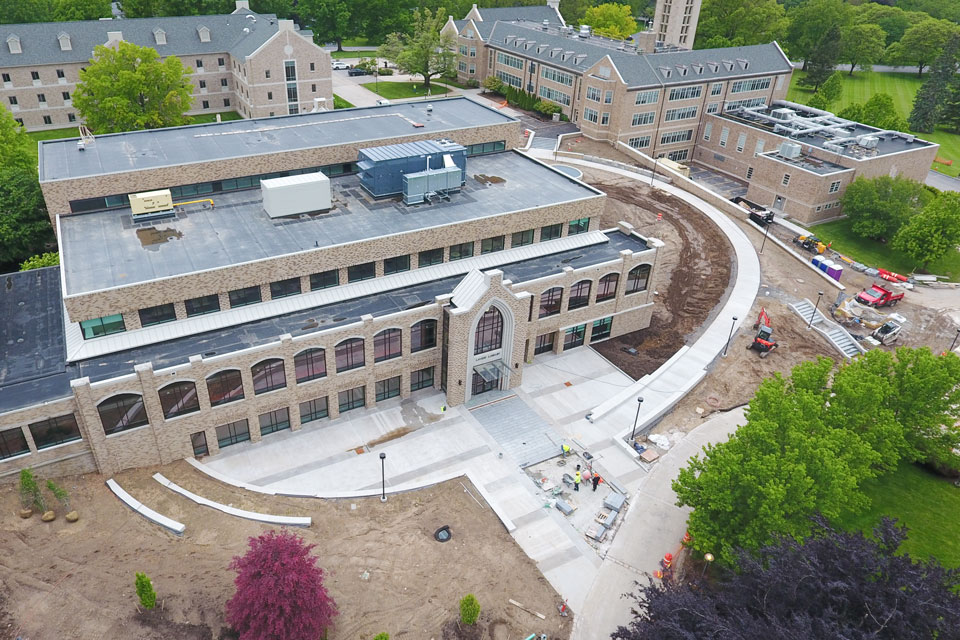 An aerial view of the construction site at Lavery Library.